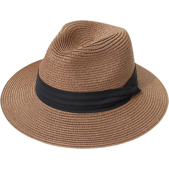 PUMIER Women Straw Panama Hat Travel Fedora Beach Sun Hat Summer Wide Brim Straw Roll up Hat UPF 50 