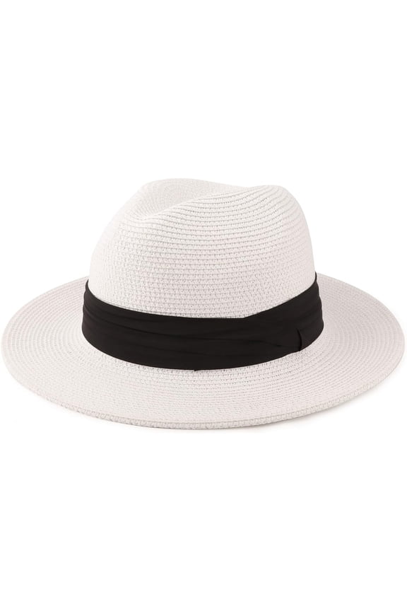 Women Straw Panama Hat Travel Fedora Beach Sun Hat Summer Wide Brim Straw Roll up Hat UPF 50+