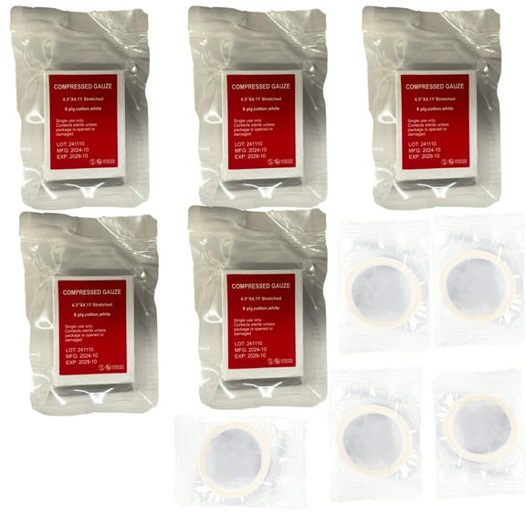 PUMIER Z-Shaped Compressed Sterile Gauze 4.5" x 4.1 Yards, 6-Ply White Cotton, Essential First Aid and Stop The Bleed Kit Supply for Home, Medical, and Tactical Emergency Use5 packages and 5 tapes