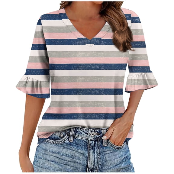 PUMISAS 3/4 Sleeve Shirts For Women V-Neck Casual Fall Tunic Tops Everyday Loose T-Shirts Splice Color Printed Pullover Blouses