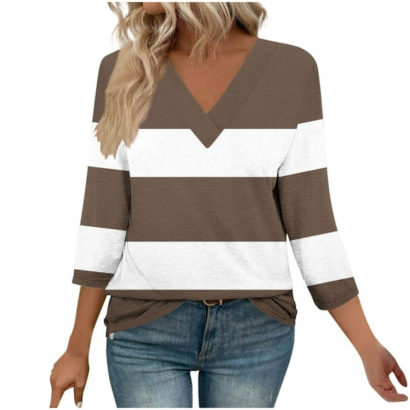 PUMISAS 3/4 Sleeve Shirts For Women V-Neck Casual Fall Tunic Tops Loose T-Shirts Splice Color Pullover Blouses