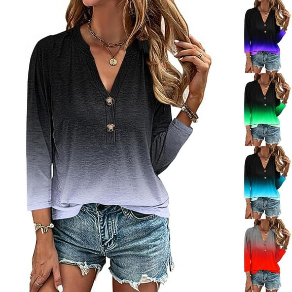 PUMISAS 3/4 Sleeve T-Shirt For Women Gradient Color Tops Casual Pullover Button V-Neck Casual Loose Summer Tunic Blouses