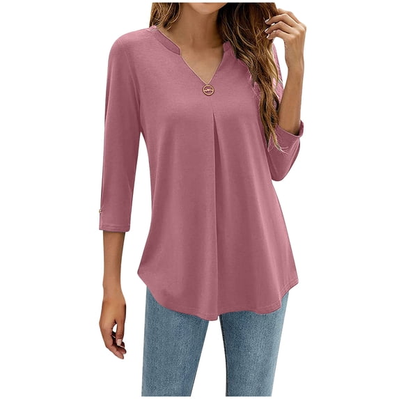 PADFRYBK 3/4 Sleeve T-Shirt For Women Summer Solid Color Tops Casual Loose Pullover V-Neck Casual Tunic Blouses
