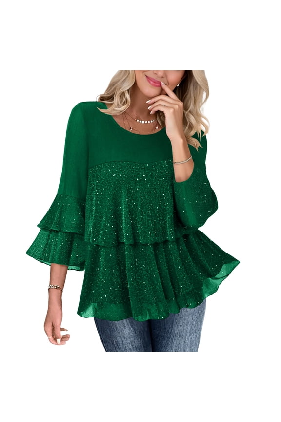 PADFRYBK 3/4 Sleeve Tunic Tops For Wowen V-Neck Dressy Sparkly Tops Ruffles Going Out Shirt Casual Loose Pullover Tops