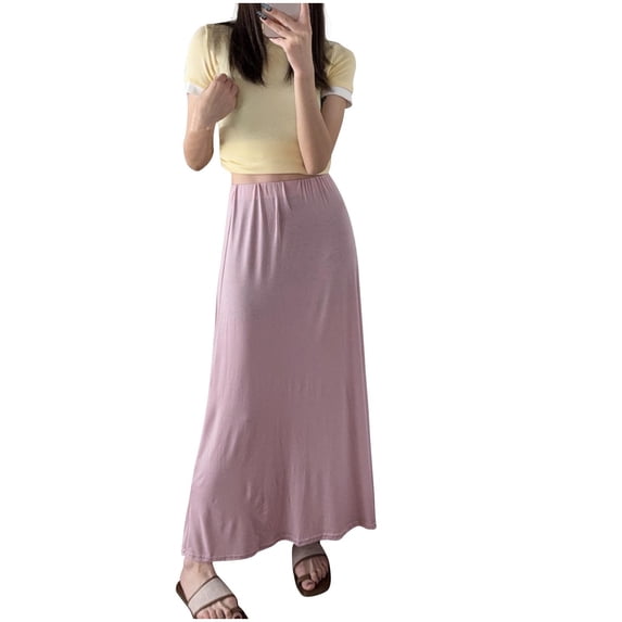 PUMISAS A-Line Print Skirts For Women Soft High Elastic Waist Skirts Casual Loose Elastic Solid Color Long Length Skirts