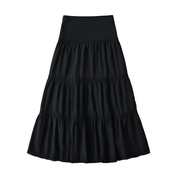PUMISAS A-Line Skirts For Women Soft High Elastic Waist Skirts Casual Loose Solid Color Mid-Length Lace Ruffle Hem Skirts