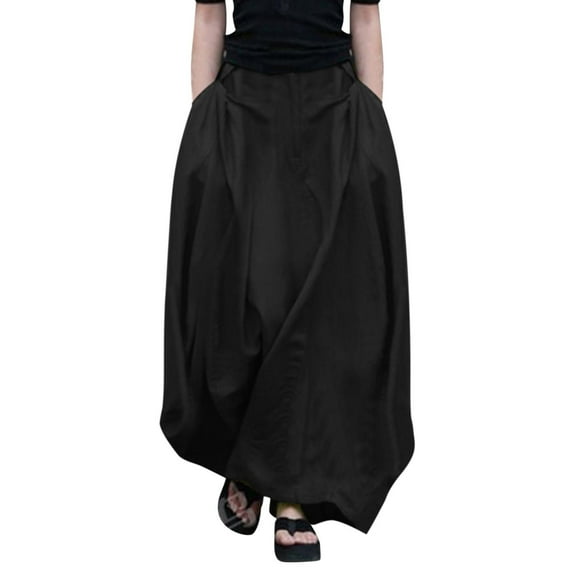 PUMISAS A-Line Skirts For Women Soft High Elastic Waist Skirts Solid Color Casual Loose Elastic Long Length Big Hem Skirts