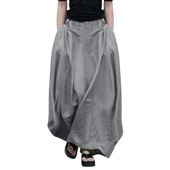 PUMISAS A-Line Skirts For Women Soft High Elastic Waist Skirts Solid Color Casual Loose Elastic Long Length Big Hem Skirts