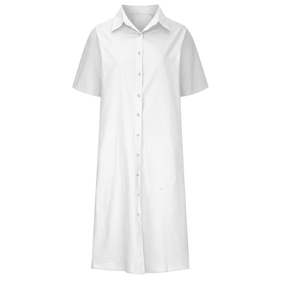 PUMISAS Button Down Dress For Women Solid Color Short Sleeve Dresses Casual Loose V-Neck Elastic Waist Dresses Mid-Length Shirt Dress With Pockets