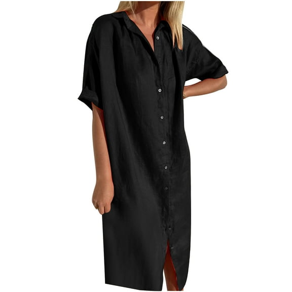 PUMISAS Button Down Dress For Women Solid Color Short Sleeve Dresses Casual Loose V-Neck Elastic Waist Dresses Mid-Length Shirt Dress With Pockets