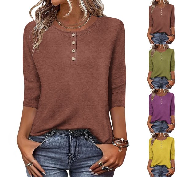 PADFRYBK Button Down Shirts For Womens 3/4 Sleeve T-Shirts Crew Neck Buttons Tops Solid Color Fall Tunic Blouses Loose Pullover Sweatshirt