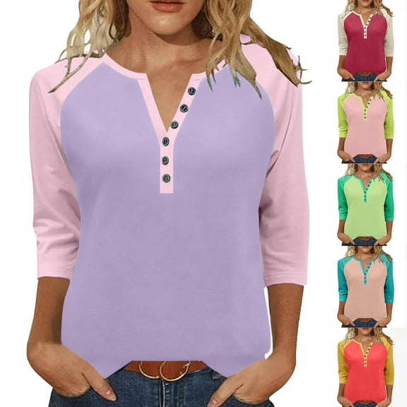 PUMISAS Button Down Shirts For Womens 3/4 Sleeve Henley T-Shirts V-Neck Buttons Tops Solid Color Fall Tunic Blouses Loose Color Block Pullover Sweatshirt