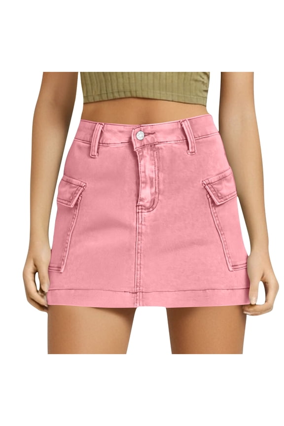Cargo Mini Skirts For Women Soft High Elastic Waist Skirts Solid Color Elegant Denim Skirts Casual Loose Button Down Jean Skirts With Side Pockets