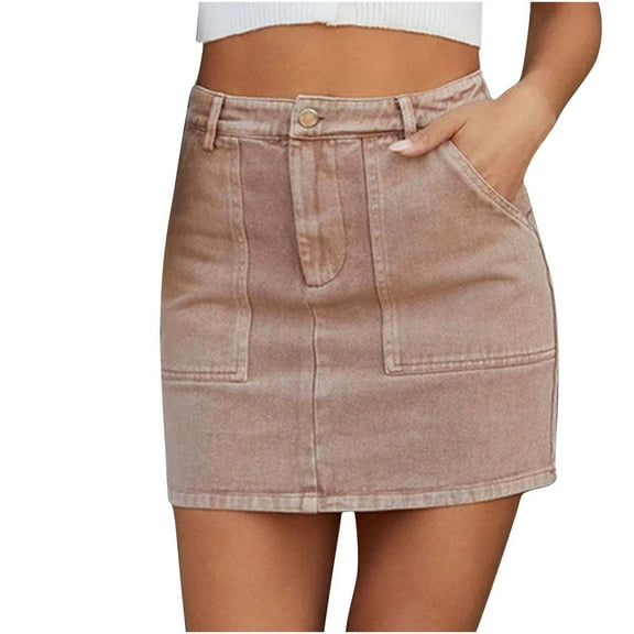 PUMISAS Cargo Mini Skirts For Women Soft High Elastic Waist Skirts Solid Color Wrap Hip Denim Skirts Casual Loose Button Down Jean Skirts With Side Pockets