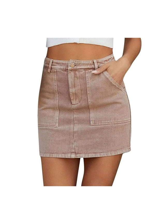 Cargo Mini Skirts For Women Soft High Elastic Waist Skirts Solid Color Wrap Hip Denim Skirts Casual Loose Button Down Jean Skirts With Side Pockets