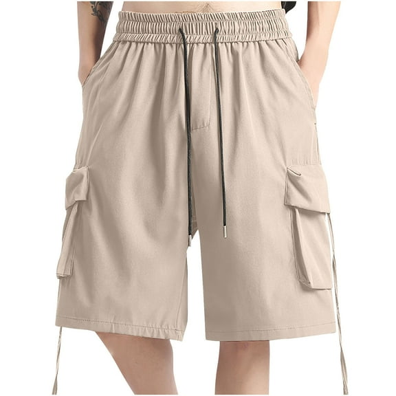 PUMISAS Cargo Shorts For Men Elastic And Adjustable Waistband Pants Casual Loose Shorts Solid Color Drawstring Athleisure Pants With Side Pockets