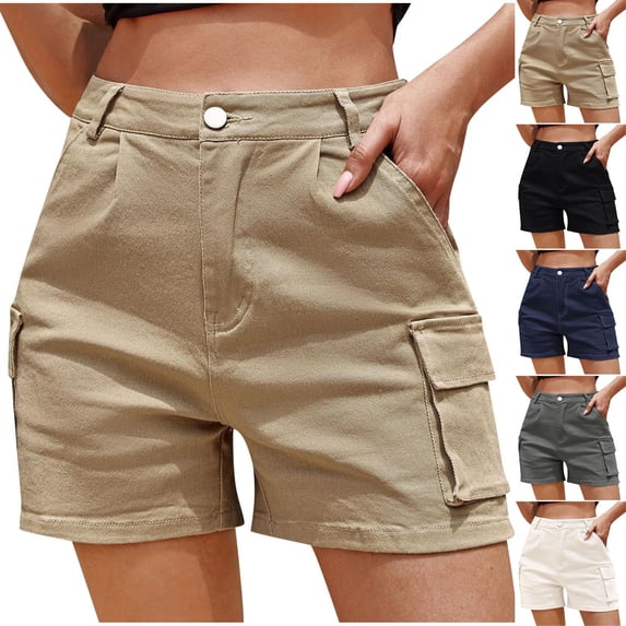 PUMISAS Cargo Shorts For Women Elastic And Adjustable Waistband High Waist Pants Summer Solid Color Button Pants Casual Loose Shorts With Side Pockets