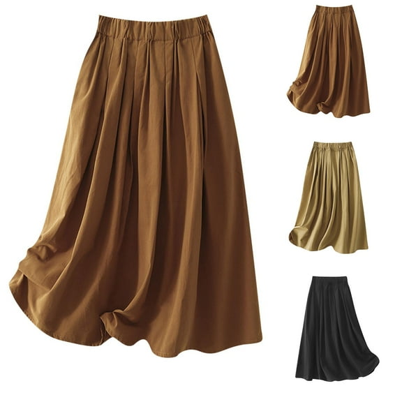 PUMISAS Cargo Skirts For Women High Waisted Flowy Elastic Waist Solid Color Skirts Casual Loose A-Line Long Pleated Skirts