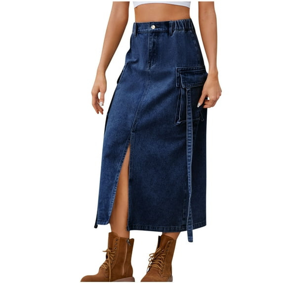 PUMISAS Cargo Skirts For Women Soft High Elastic Waist Solid Color Mid Slit Skirts Casual Loose Mid-Length Jean Skirts With Side Pockets