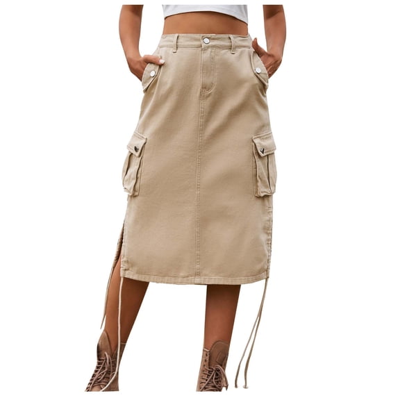 PUMISAS Cargo Skirts For Women Soft Summer Mid-Length Skirts Solid Color Skirts Casual Loose Button Down Skirts With Side Pockets