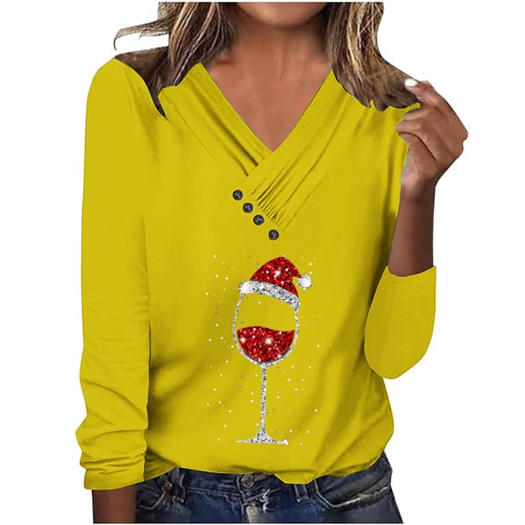 PUMISAS Christmas Sweatshirt For Women V-Neck Button Casual Blouse Sweatshirt Christmas Printed Solid Color Shirt Fall 3/4 Sleeve Tunic Tops