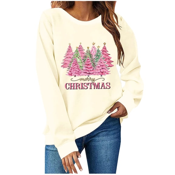 PUMISAS Christmas Sweatshirts For Women Crew Neck Solid Color Tunic Blouses Christmas Trees Printed Tops Long Sleeve Pullover Tops