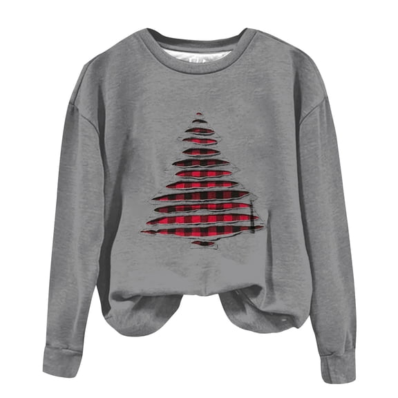 PUMISAS Christmas Sweatshirts For Women Crew Neck Solid Color Tunic Blouses Christmas Trees Printed Tops Long Sleeve Pullover Tops