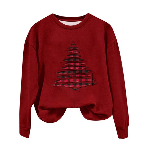 PUMISAS Christmas Sweatshirts For Women Crew Neck Solid Color Tunic Blouses Christmas Trees Printed Tops Long Sleeve Pullover Tops