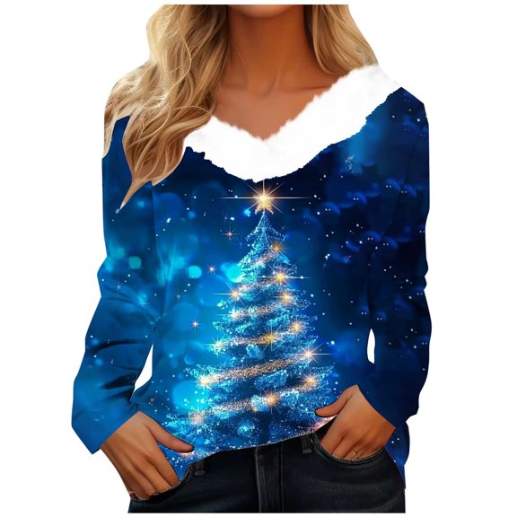 PUMISAS Christmas Sweatshirts For Womens Christmas Printed Pullover Tops V-Neck Solid Color Going Out Shirt Long Sleeve Fall Tunic Blouses