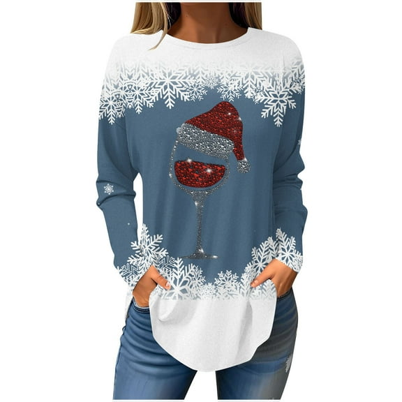 PUMISAS Christmas Tshirt For Women Long Sleeve T-Shirt Dress Crew Neck Christmas Printed Tunic Blouses Pullover Tops