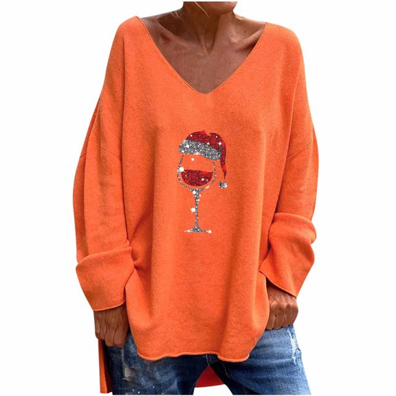 PUMISAS Christmas Tshirt For Women Long Sleeve T-Shirt Dress V-Neck Christmas Printed Tunic Blouses Pullover Tops