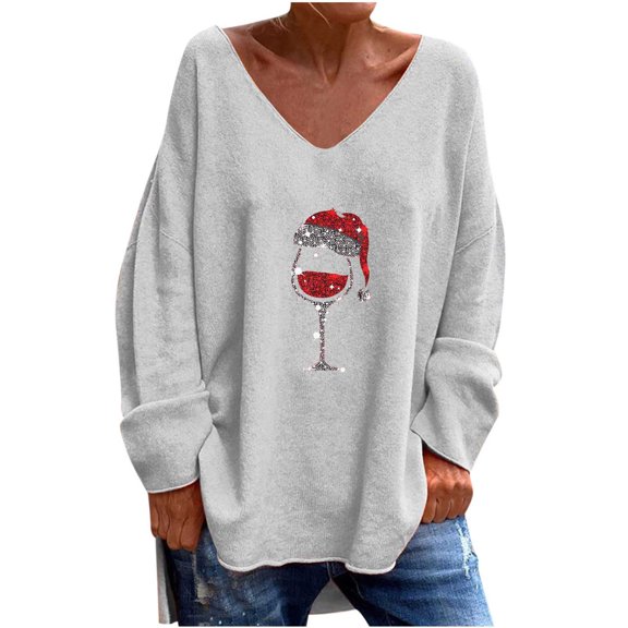 PUMISAS Christmas Tshirt For Women Long Sleeve T-Shirt Dress V-Neck Christmas Printed Tunic Blouses Pullover Tops