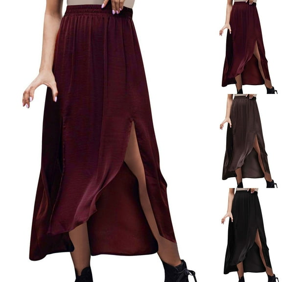 PUMISAS Elastic Waistband Skirts For Women Soft Split Mid-Length Skirts Solid Color Casual Loose High Waisted Skirts