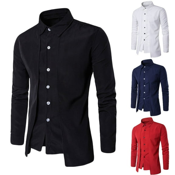 PUMISAS Fall Shirt For Mens Fake 2 Piece Long Sleeve Shirts Solid Color Casual Loose Button Down Shirt Crew Neck Blouse