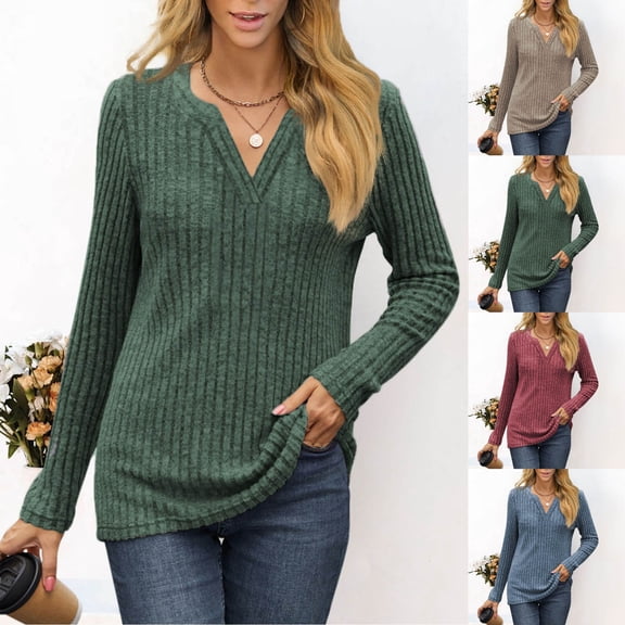 PUMISAS Fall Sweater For Wowen V-Neck Solid Color Sweater Shirt Going Out Fall Shirt Long Sleeve Casual Loose Pullover Tops