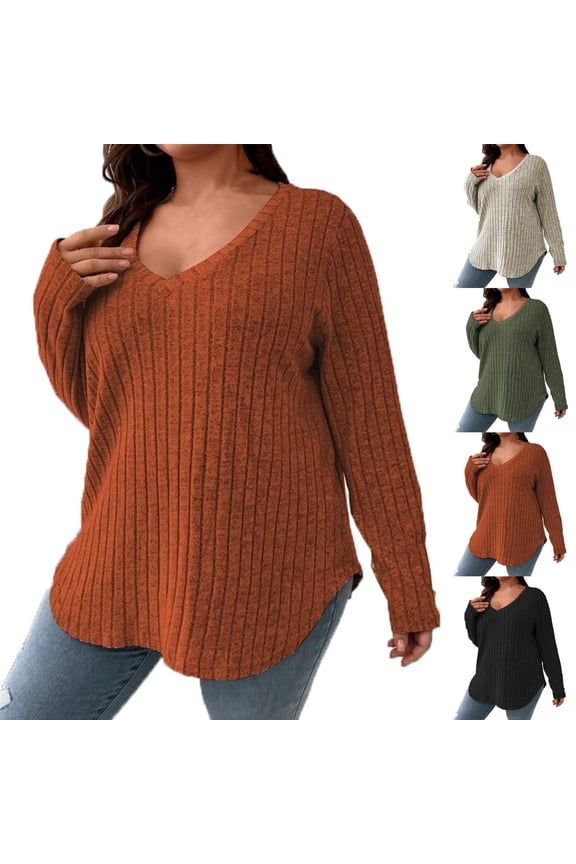 Fall Sweaters For Women V-Neck Tops Solid Color Long Sleeve Casual Loose Warm Knit Pullover Sweater Tops