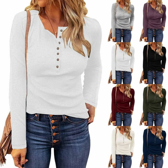 PUMISAS Fall Tunic Tops For Wowen Long Sleeve Shirts Button Up V-Neck Loose Casual Knit Pullover Tops