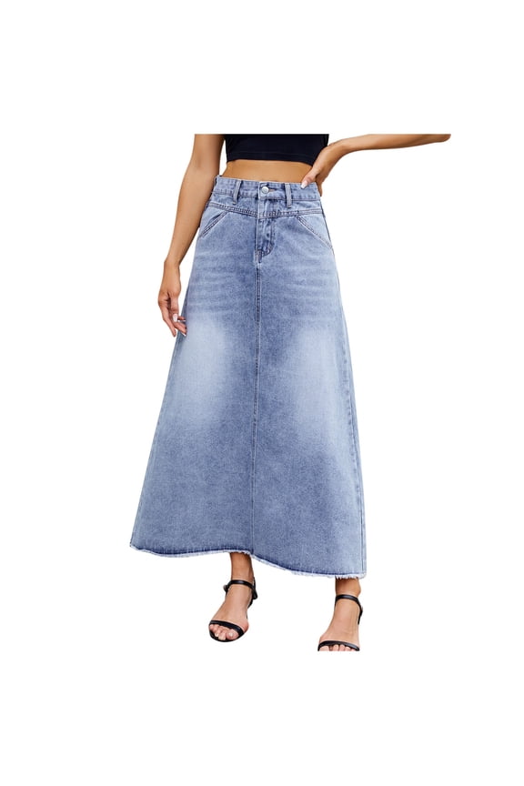 High Waist Long Skirts For Women Soft Elastic Waist Skirts Solid Color Denim Skirts Casual Loose Button Down Jean Skirts With Side Pockets