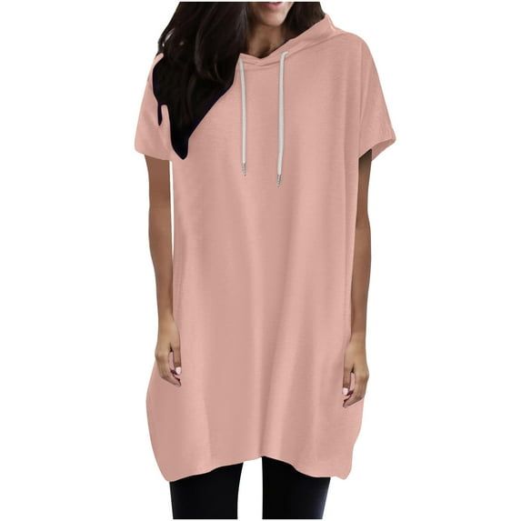 PUMISAS Hoodies For Women Short Sleeve Drawstring Casual Loose Summer Tops Crew Neck Casual Tunic Blouses Solid Color Pullover