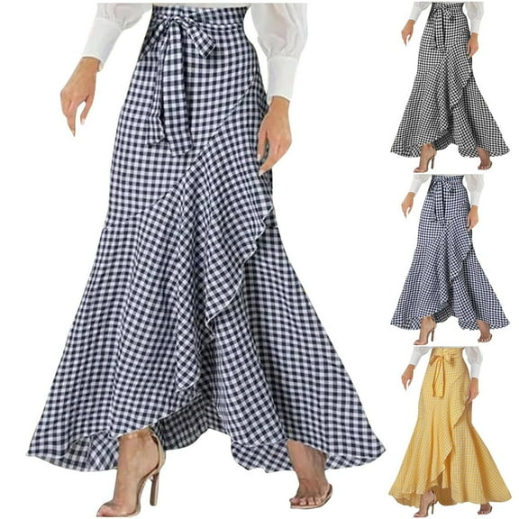 PUMISAS Long Plaid Skirts For Women Soft High Elastic Waist Skirts Casual Loose High Waisted Irregular Hem Wrap Skirts
