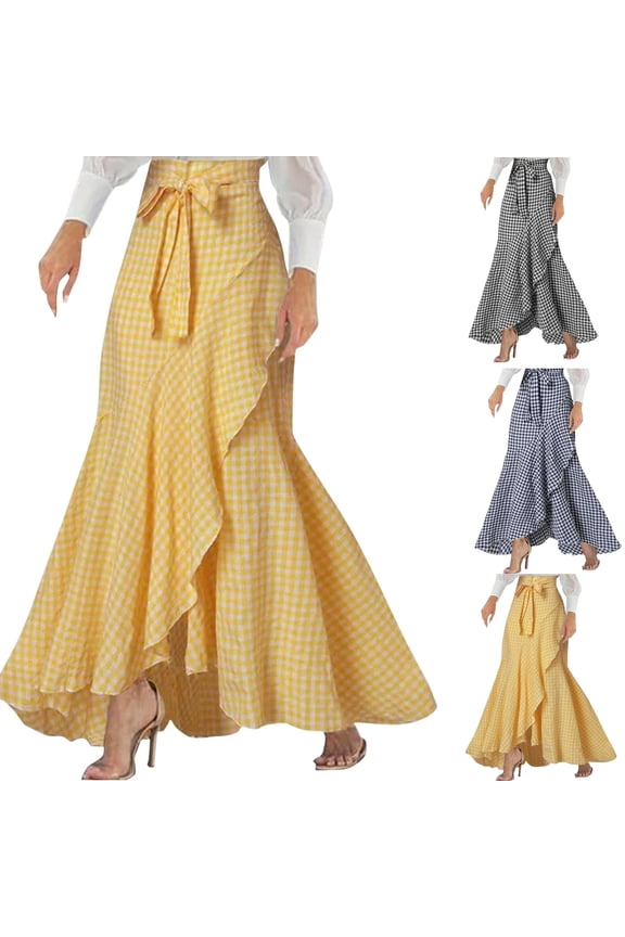 Long Plaid Skirts For Women Soft High Elastic Waist Skirts Casual Loose High Waisted Irregular Hem Wrap Skirts