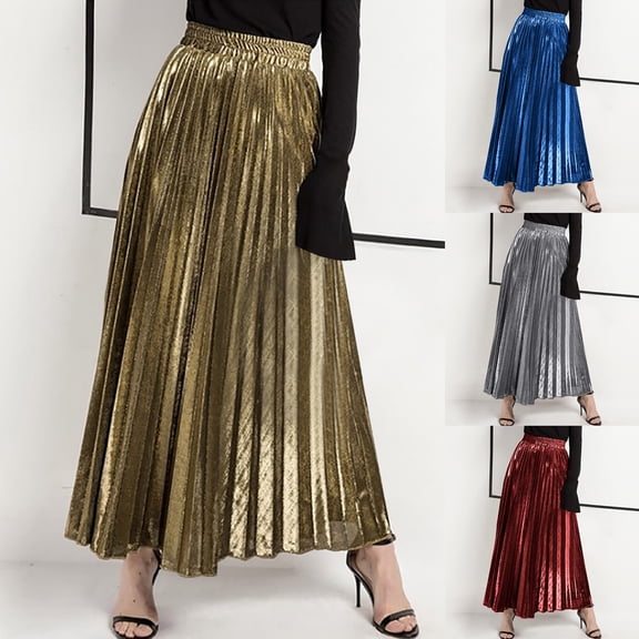 PUMISAS Long Skirt For Women High Elastic Waist Pleated Skirts Casual Loose Solid Color Long A-Line Skirts