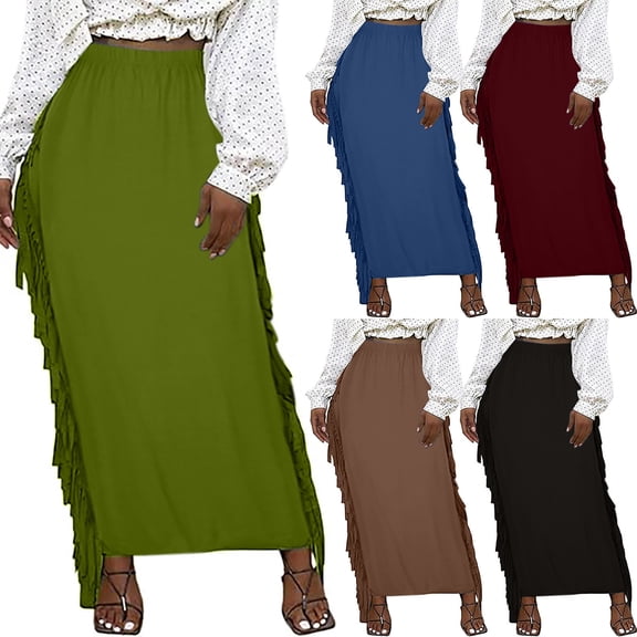 PUMISAS Long Skirts For Women High Waisted Elastic Waistband Solid Color Skirts Casual Loose Wrap Hip Skirts
