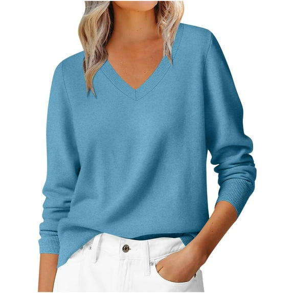 PUMISAS Long Sleeve Sweater For Wowen V-Neck Solid Color Sweater Shirt Going Out Fall Shirt Casual Loose Pullover Tops