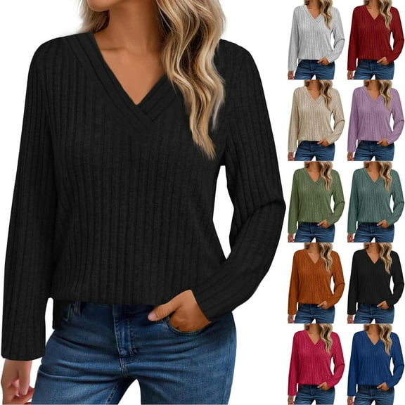 PUMISAS Long Sleeve Sweater For Wowen V-Neck Solid Color Sweater Shirt Going Out Fall Shirt Casual Loose Pullover Tops