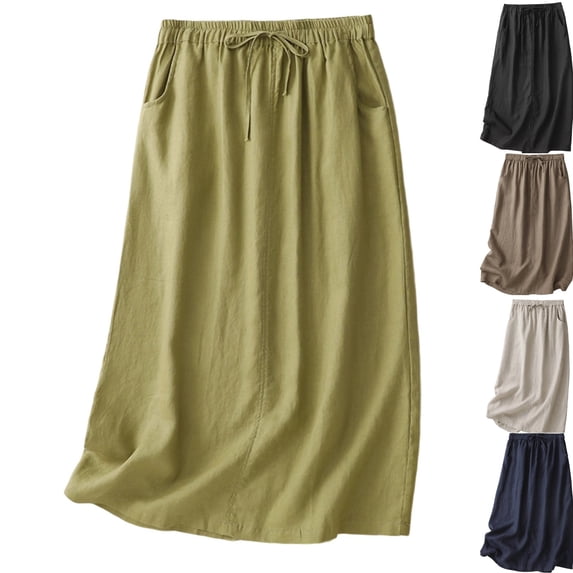 PUMISAS Mid-Length Skirt For Women Soft High Waisted Drawstring Elastic Waistband Skirts Solid Color Casual Loose Skirts With Side Pockets