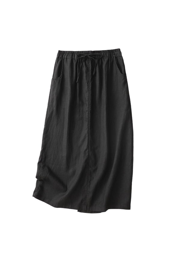 Mid-Length Skirt For Women Soft High Waisted Drawstring Elastic Waistband Skirts Solid Color Casual Loose Skirts With Side Pockets