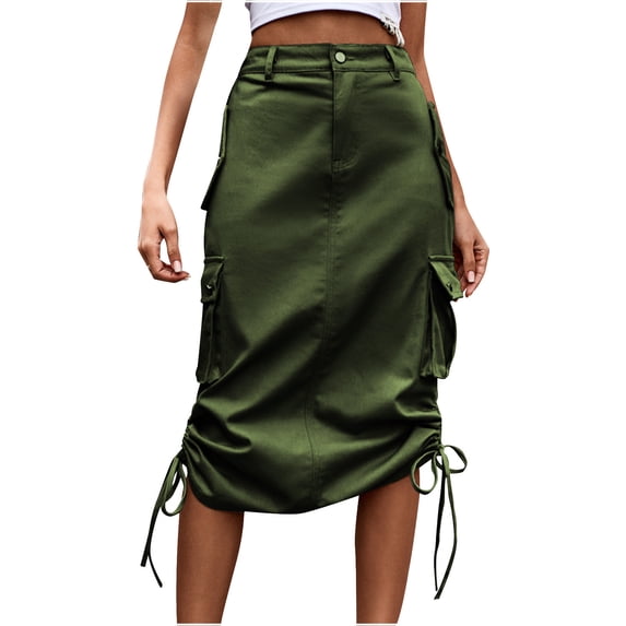 PUMISAS Mid Skirts For Women Soft Elastic Waist Casual Skirts Solid Color Skirts Casual Loose Button Down Skirts With Side Pockets