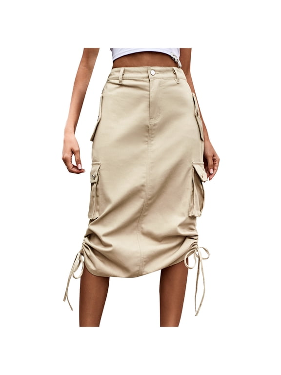 Mid Skirts For Women Soft Elastic Waist Casual Skirts Solid Color Skirts Casual Loose Button Down Skirts With Side Pockets