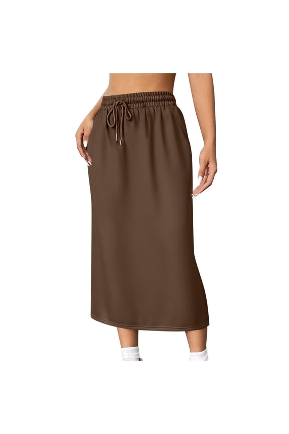 Midi Skirt For Women Soft Adjustable Drawstring Waist Midi Skirts Solid Color Casual Loose Split Skirt With Side Pockets